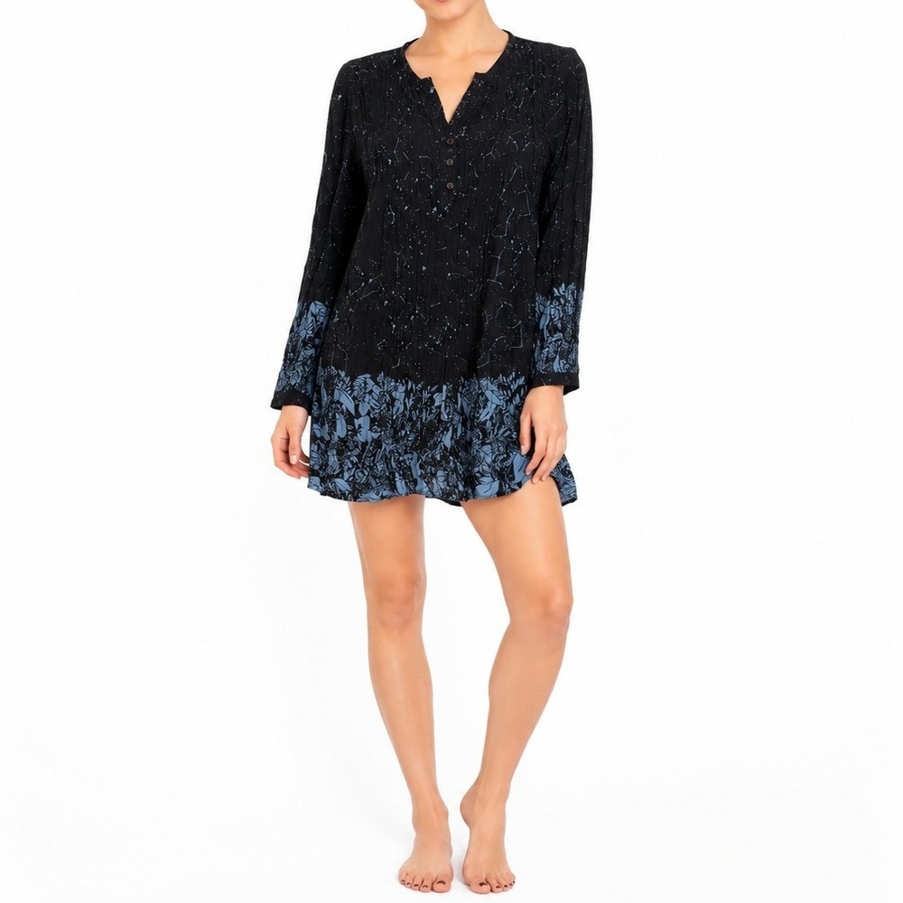 Tolani Tunic Dress Women S Navy Blue Celestial Floral Crinkle Pleated Boho Top